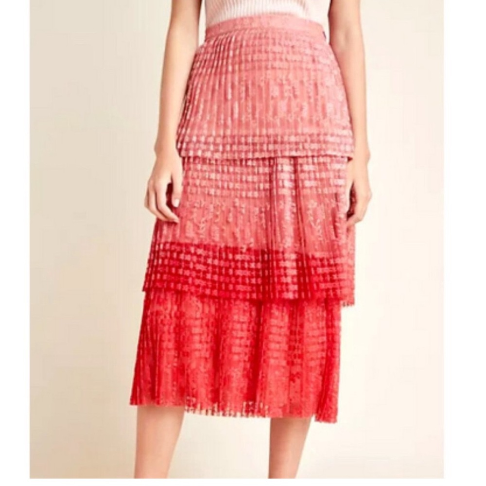 Maeve Anthropologie pink ombré lace tiered midi skirt size 10